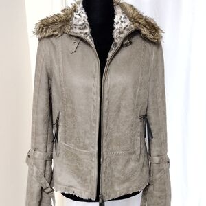 Women's Taupe Faux-Suede Jacket with Faux-Fur Trim